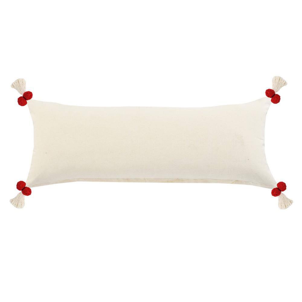 Heute Red and Cream Bohemian Lumbar Pillow with Pom-Poms