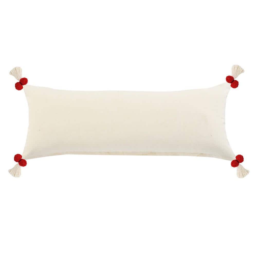 Heute Red and Cream Bohemian Lumbar Pillow with Pom-Poms
