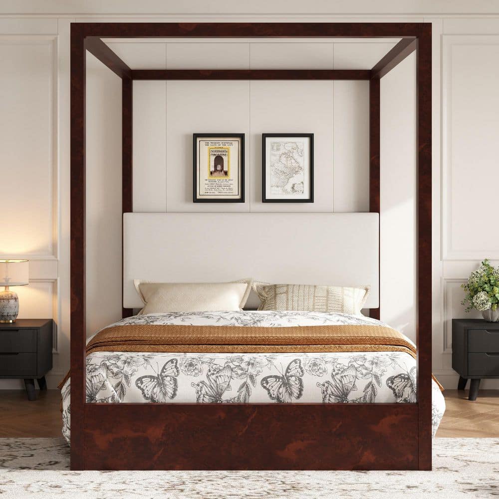 Brown Solid Wood Frame Queen Platform Bed with Upholstery Headboard