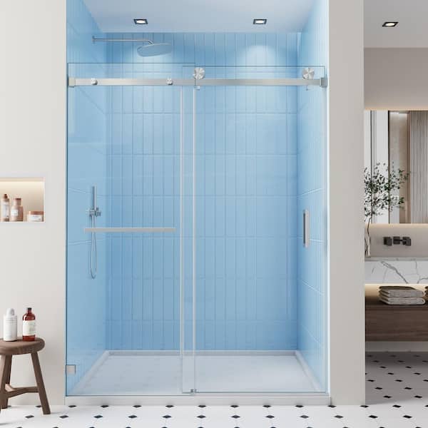 56-60 in. W x 72 in. H Single Sliding Frameless Shower Door Brushed Nickel 3/8 in. Clear SGCC Tempered Glass