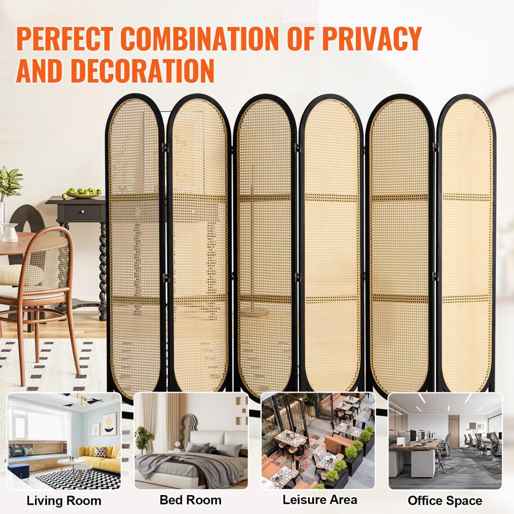 6-Panel Black and Natural Rattan Folding Room Divider