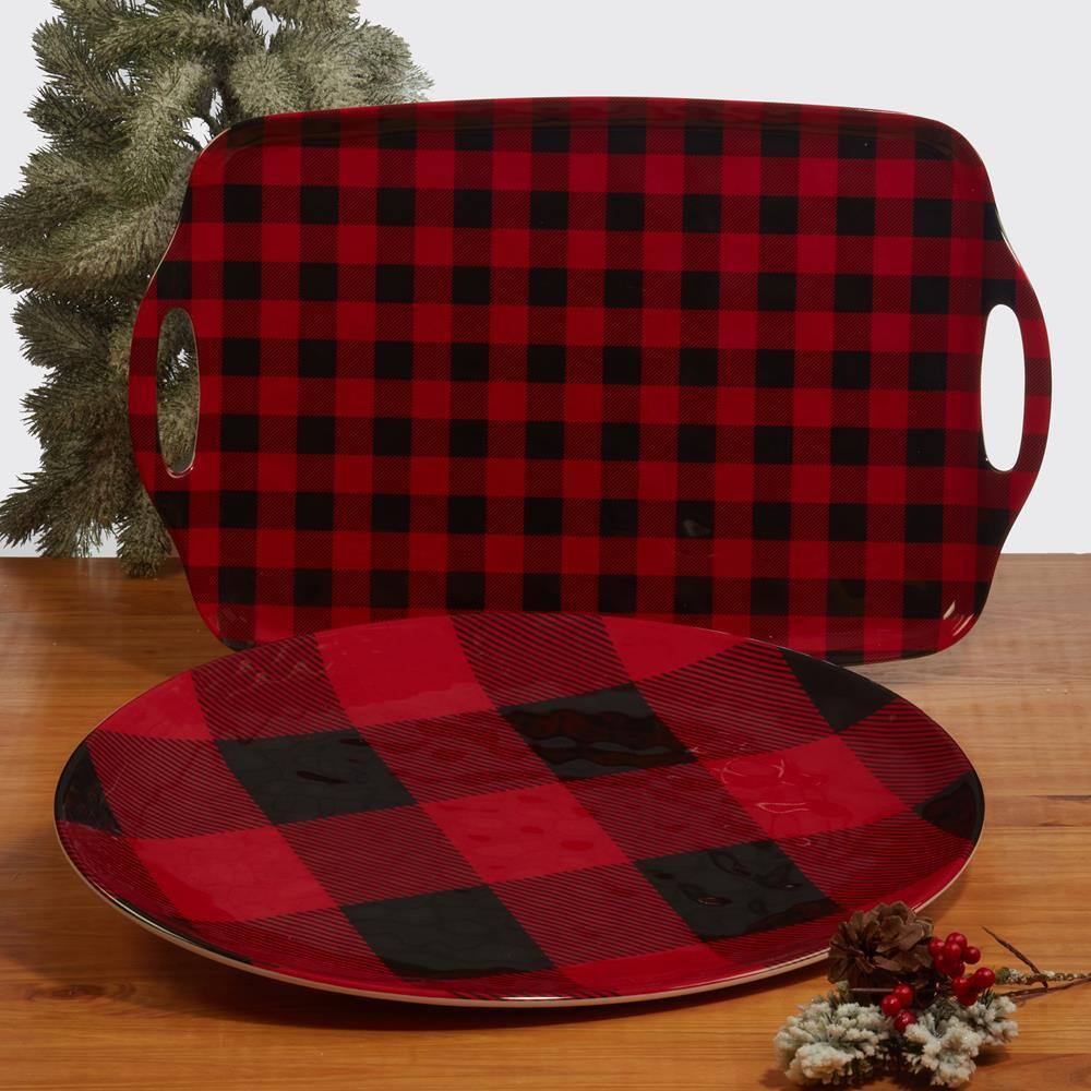 Ruby Red Buffalo Plaid Melamine Round Platter Set