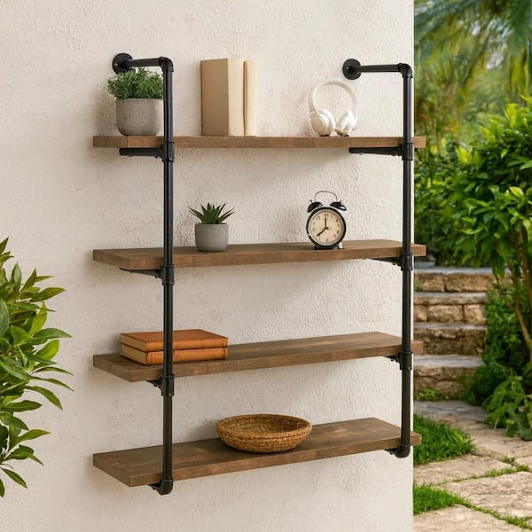 11.5 in. L x 39.25 in. W x 46 in. H Brown Wooden Wall Shelf with 4-Tier Shelves and Pipe Design Frame