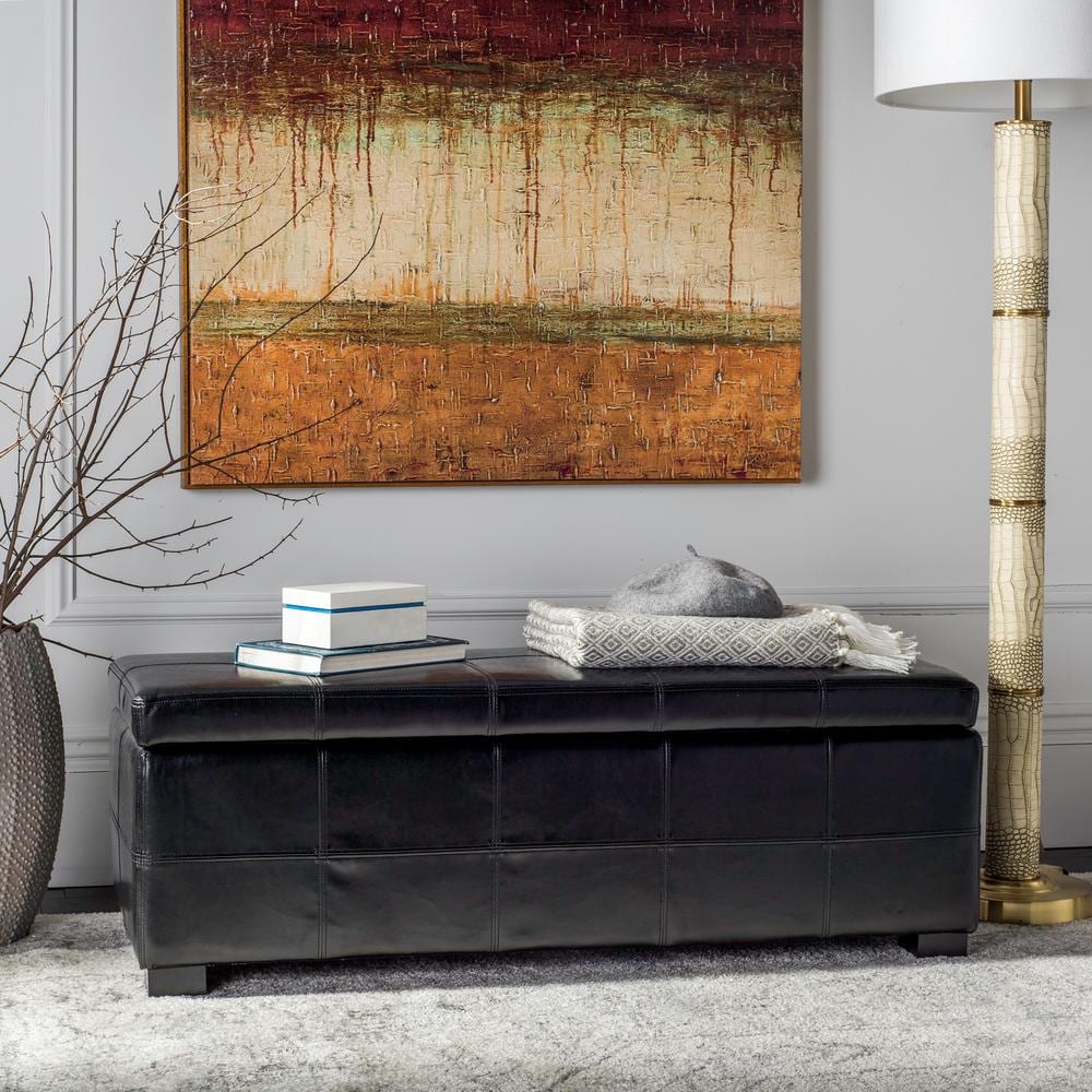 Madison Large Black Leather Storage Bench with Hardwood Frame