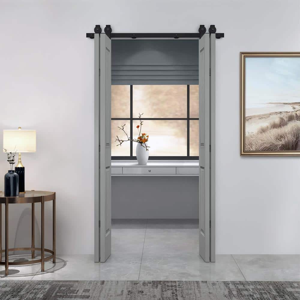 Light Gray MDF Double Bi-Fold Barn Door with Black Hardware
