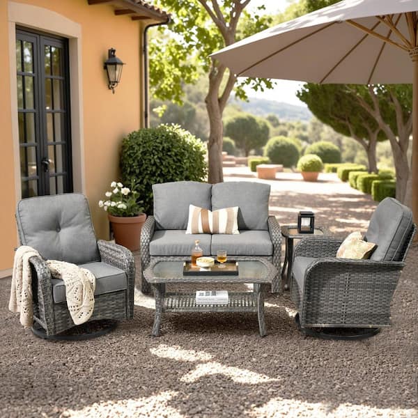 Ruby Grey 5-Piece Wicker Outdoor Furniture Patio Conversation Sofa Set with Swivel Chairs and Dark Grey Cushions