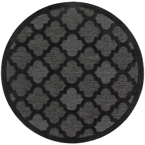 Easy Care Charcoal Black 4 ft. x 4 ft. Trellis Contemporary Round Area Rug