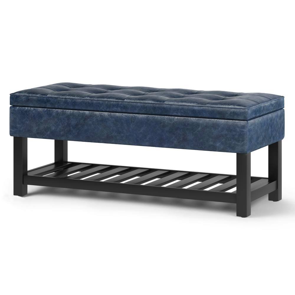 Denim Blue Faux Leather Tufted Ottoman Bench with Open Storage