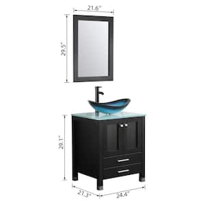 Wonline 24 in. W x 21.7 in. D x 29.5 in. H Black Single Sink Bathroom Vanity with Glass Top and Mirror