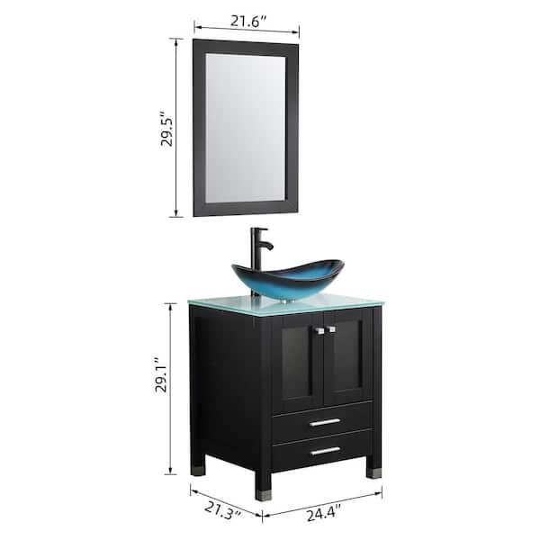 Wonline Wonline 24 in. W x 21.7 in. D x 29.5 in. H Black Single Sink Bathroom Vanity with Glass Top and Mirror
