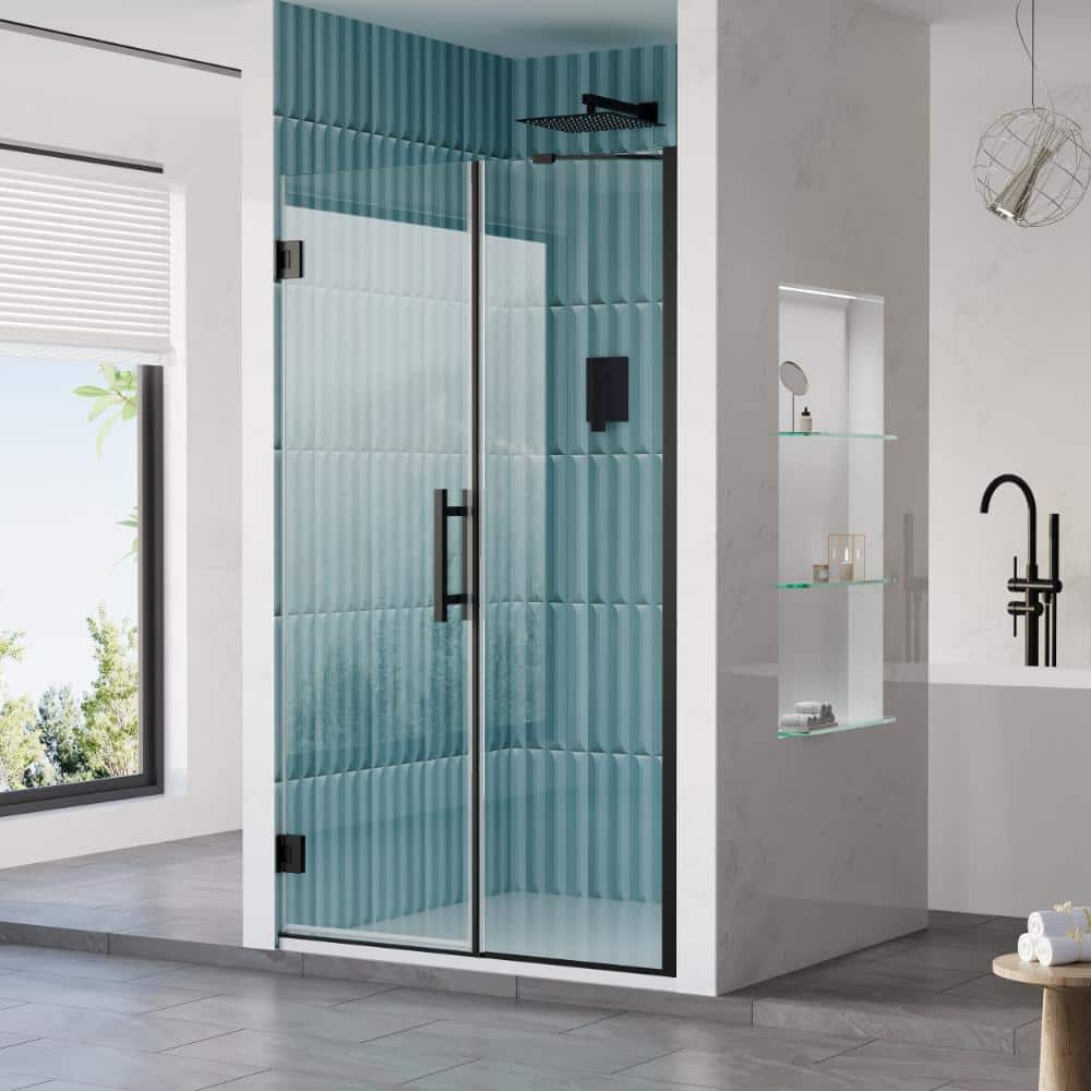 "43-44 in. W x 72 in. H Pivot Hinged Frameless Shower Door in Matte Black with 3/8"" SGCC Clear Tempered Glass" price history on PriceWatchPro