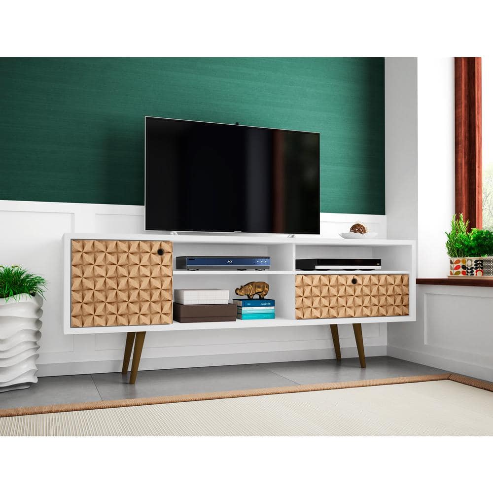 White and Brown Mid-Century Modern TV Stand with Cabinet