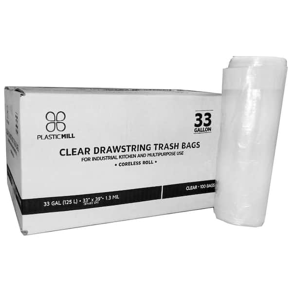 PlasticMill 33 in. x 39 in. 33 Gal .9 mil Clear Drawstring Bags (100-Count)