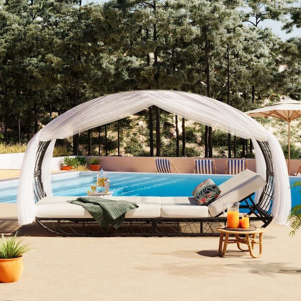 Unbranded Wicker Outdoor Day Bed with Curtain and Colorful Pillow, Lounge Chairs Backrest Adjustable Recliners, Beige Cushions