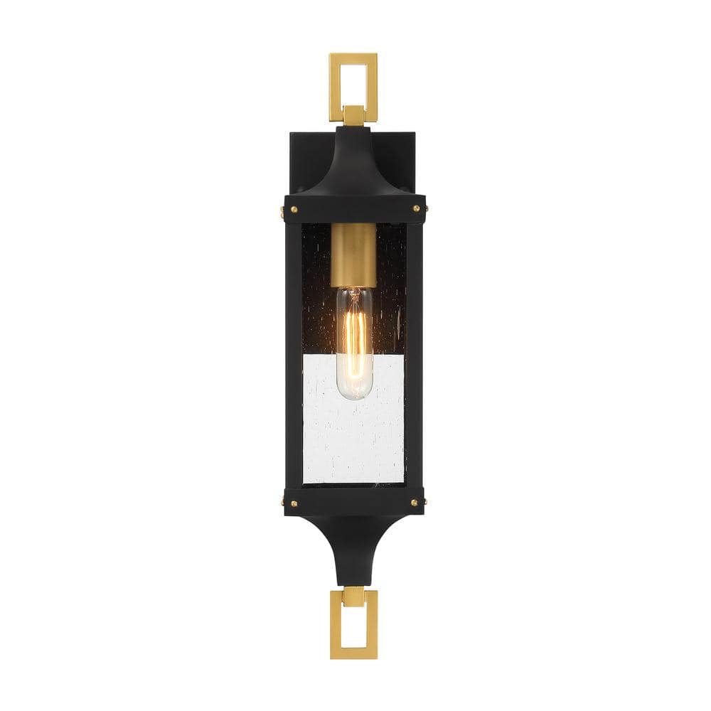 Matte Black and Brass Outdoor Wall Lantern with Clear Seeded Glass