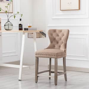 Harper 24 in. High Back Nail Head Trim Button Tufted Taupe Velvet Counter Stool with Solid Wood Frame in Antique Gray