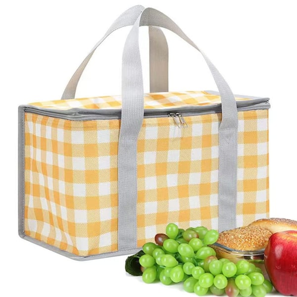 24L Insulated Cooler Bag with Zippered Top, Foldable Reusable Picnic Tote, Yellow