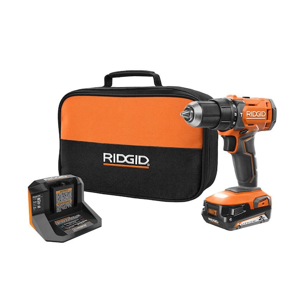 RIDGID 18V Cordless 1/2 in. Hammer Drill Kit with 2.0 Ah Battery, Charger, and Bag