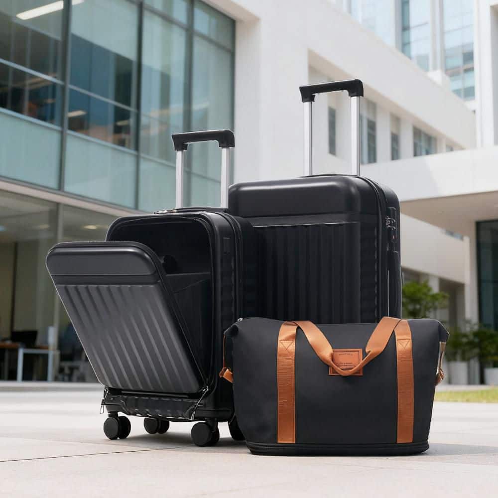 3 Bags 3-Piece Black Expandable ABS Hardshell 20 in. 24 in. Luggage Set with Duffel Toiletry Bag USB Port Front Opening