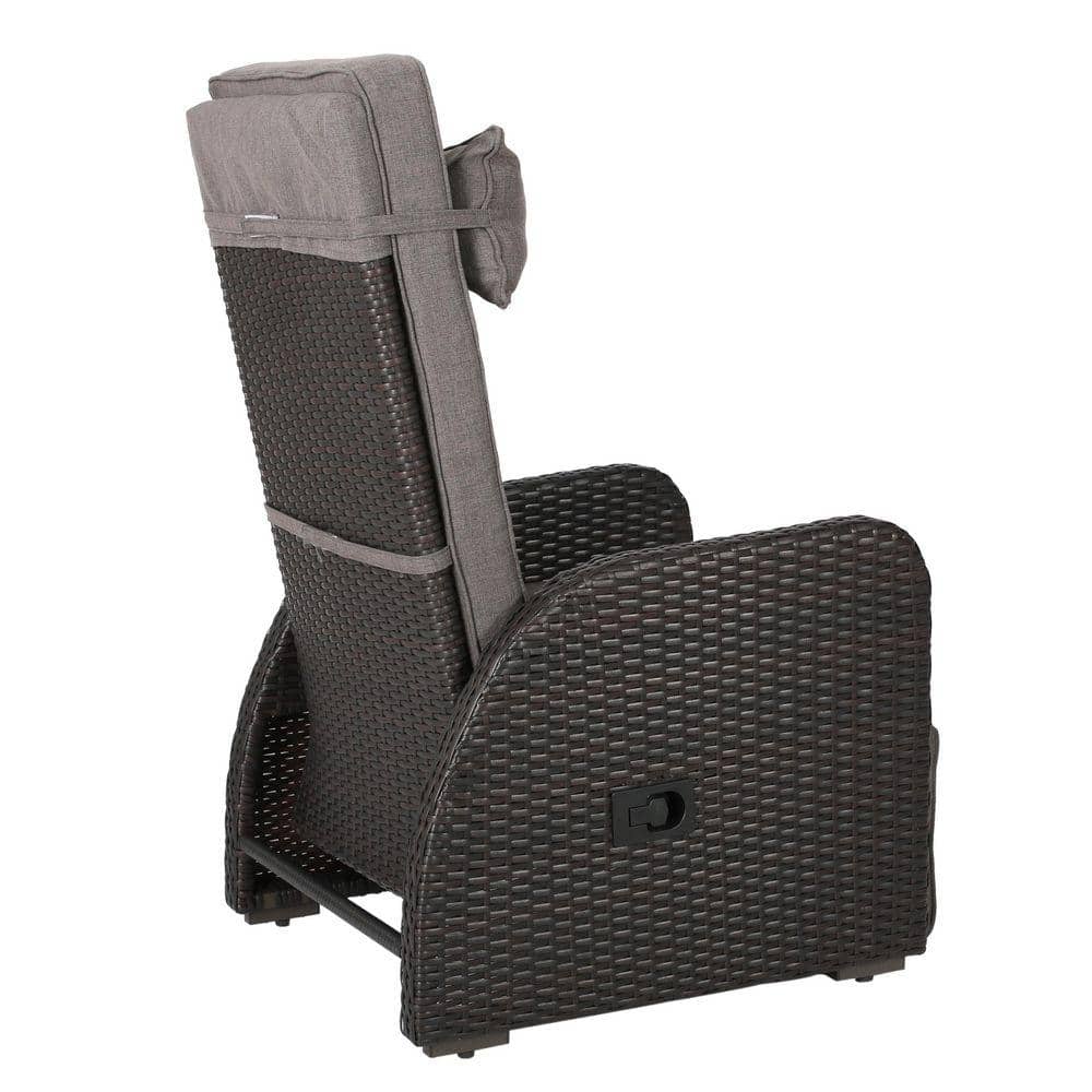 Grey wicker outdoor recliner lounge chair with gray cushion on white background.