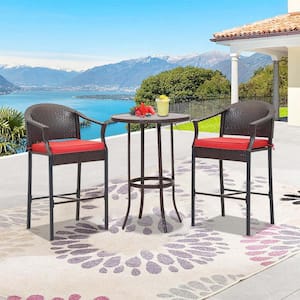 3-Piece Black Wicker Round Table Outdoor Bistro Set with Red Cushions for Patio, Garden, Backyard and Pool