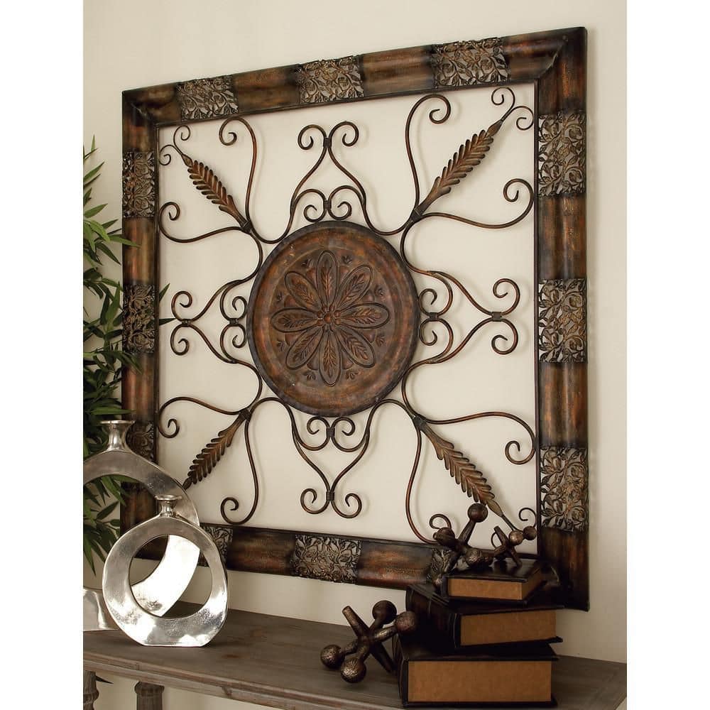 Bronze Finish Floral Scroll Square Wall Sculpture
