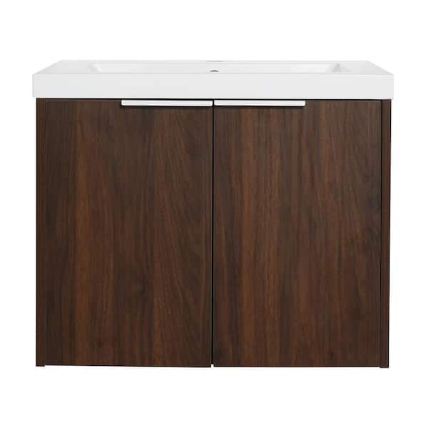 MYCASS 24 in. W x 18 in. D x 19.30 in. H Freestanding Bath Vanity in California Walnut with White Resin Sink and Top