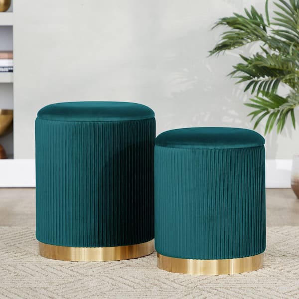 Marla Gold Metal and Peacock Teal Velvet Pleated Nesting Ottoman Set