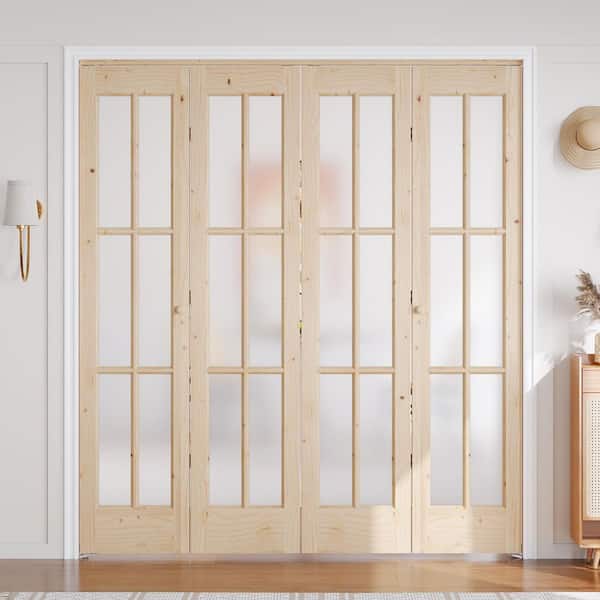72 in. x 80 in. 6 Lite Pre Assembled Frosted Glass Brown Unfinished Solid Core Wood Bi-fold Door with Hardware