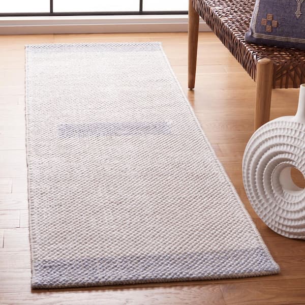 Natura 2 ft. x 8 ft. Ivory/Light Blue Geometric Border Runner Rug