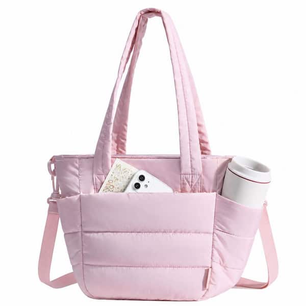 Pink Quilted Puffy Insulated Lunch Bag Tote with Lunch Compartment