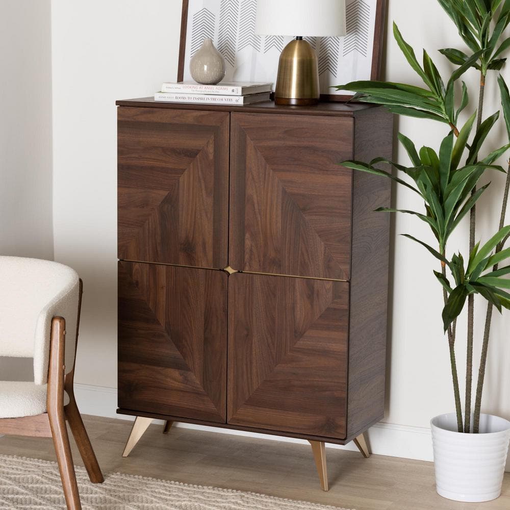 Graceland Walnut Wood Shoe Cabinet with Gold Legs