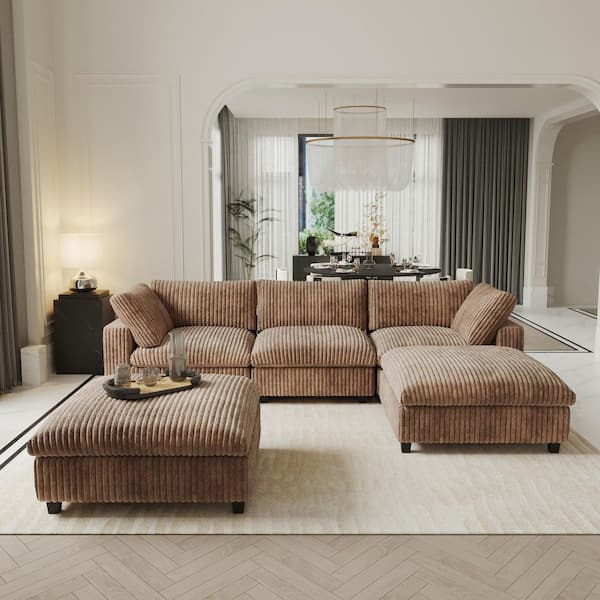 118 in. Square Arm Soft Faux Rabbit Fur Velvet 5-Piece Modular Sectional Sofa with Ottoman,Washable Covers in Brown