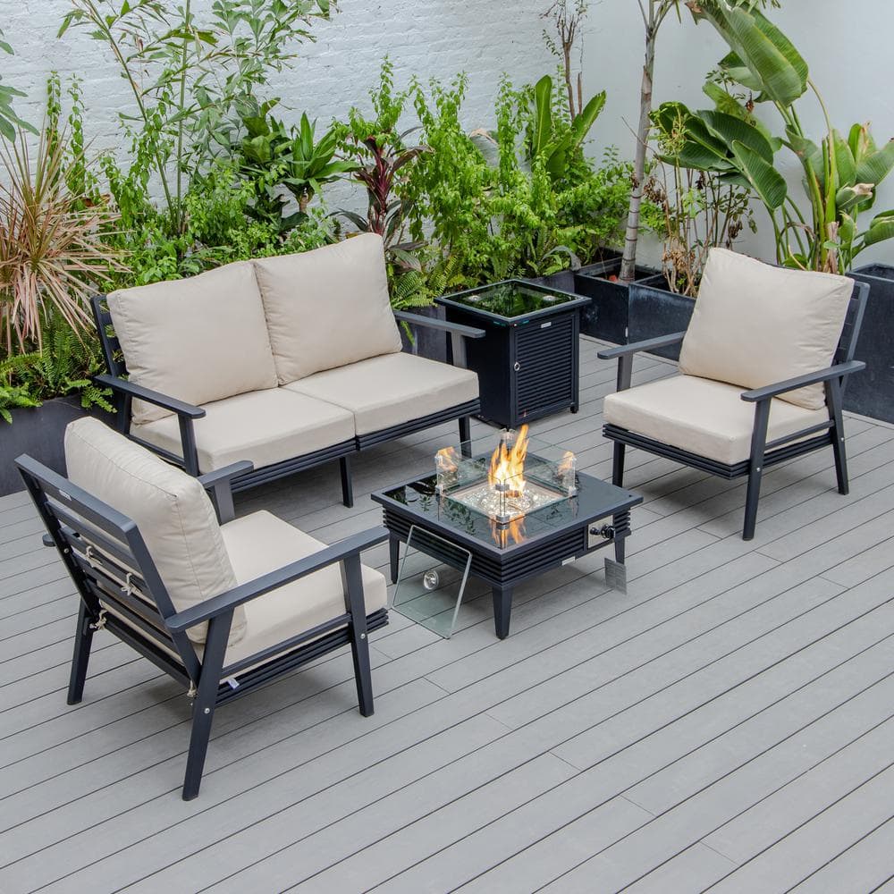 Walbrooke Black 5-Piece Aluminum Square Patio Fire Pit Set with Beige Cushions, Slats Design and Tank Holder price history on PriceWatchPro