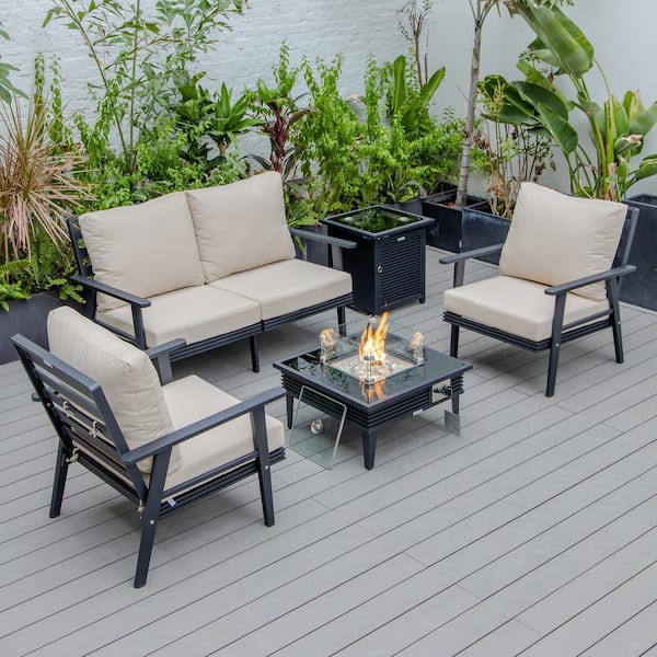 Leisuremod Walbrooke Black 5-Piece Aluminum Square Patio Fire Pit Set with Beige Cushions, Slats Design and Tank Holder