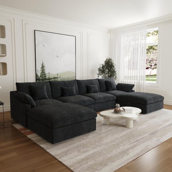 J&E Home Sectional Sofa 6-Piece Linen U-Shaped Living Room Set
