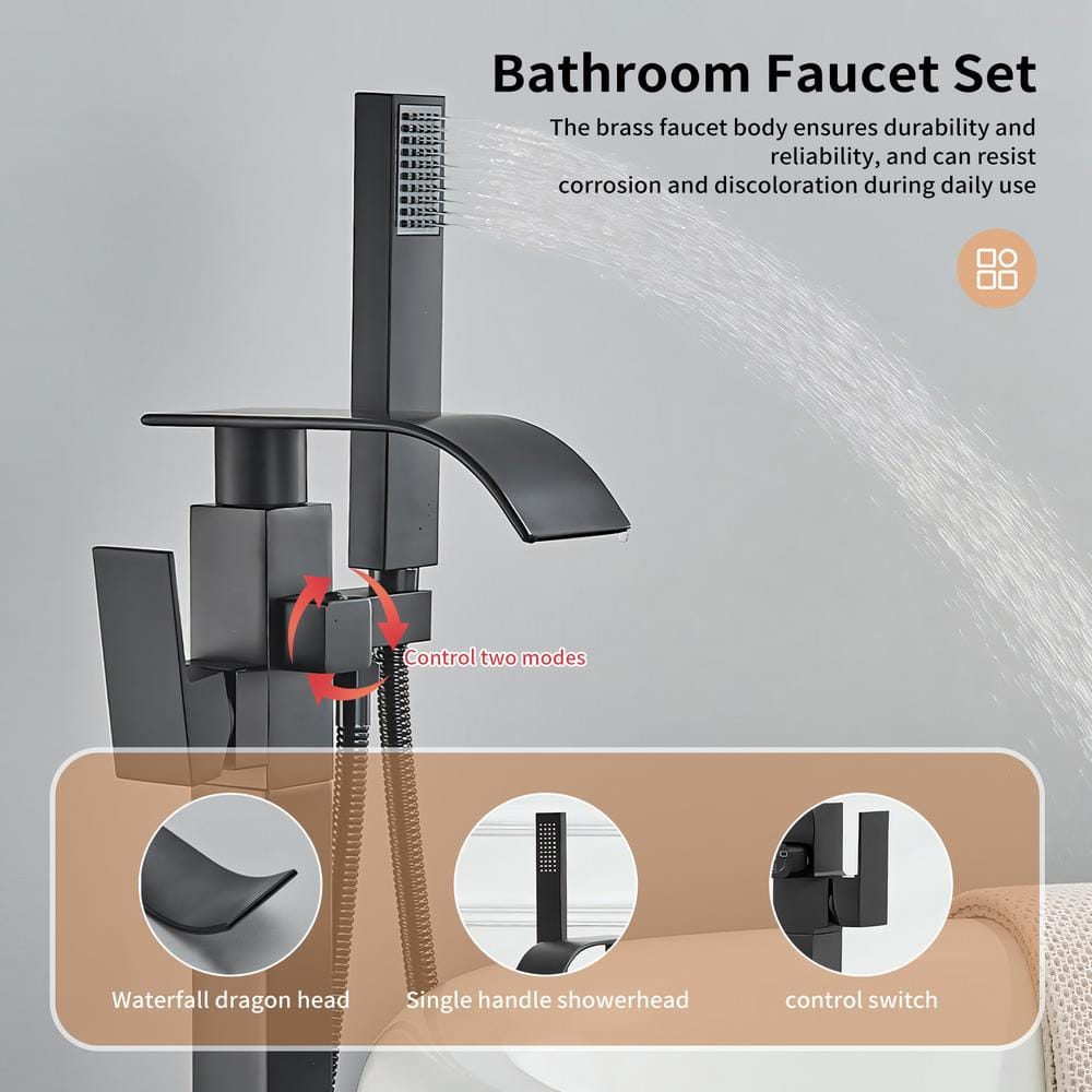Matte Black Brass Floor-Mounted Freestanding Tub Filler