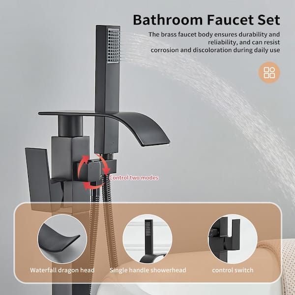 Single-Handle Freestanding Floor Mount Roman Tub Faucet Bathtub Filler with Hand Shower in Matte Black