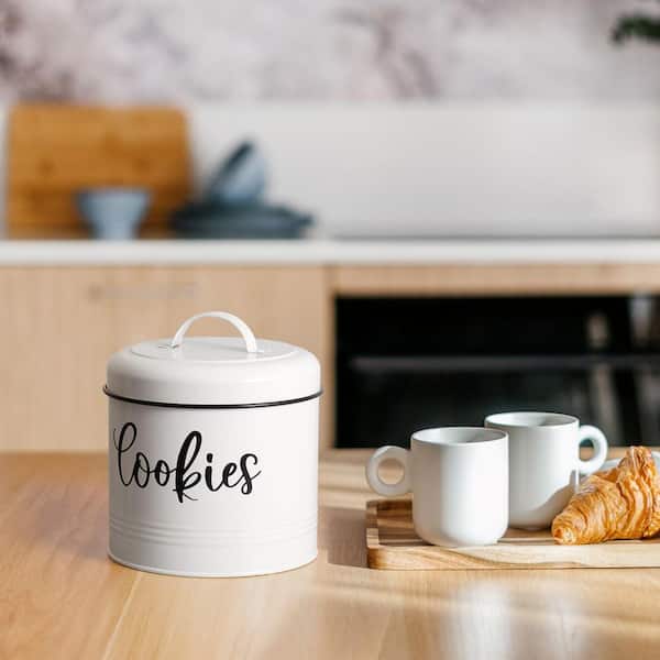 1-Piece White Metal Farmhouse Cookie Jar with Airtight Lid for Kitchen Counter, Large Food Storage Container for Candy