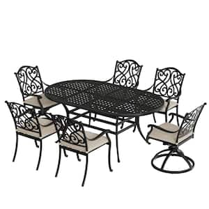 7-Piece Black Cast Aluminum Outdoor Dining Set with Elliptical Table 4 Dining Chairs 2 Swivel Rockers Cushion (Seat 6)