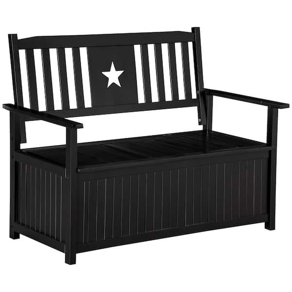 43 Gal. 48.5 in. Black Wood Outdoor Deck Box Storage Bench with Armrests, for Patio Cushions and Garden Tools