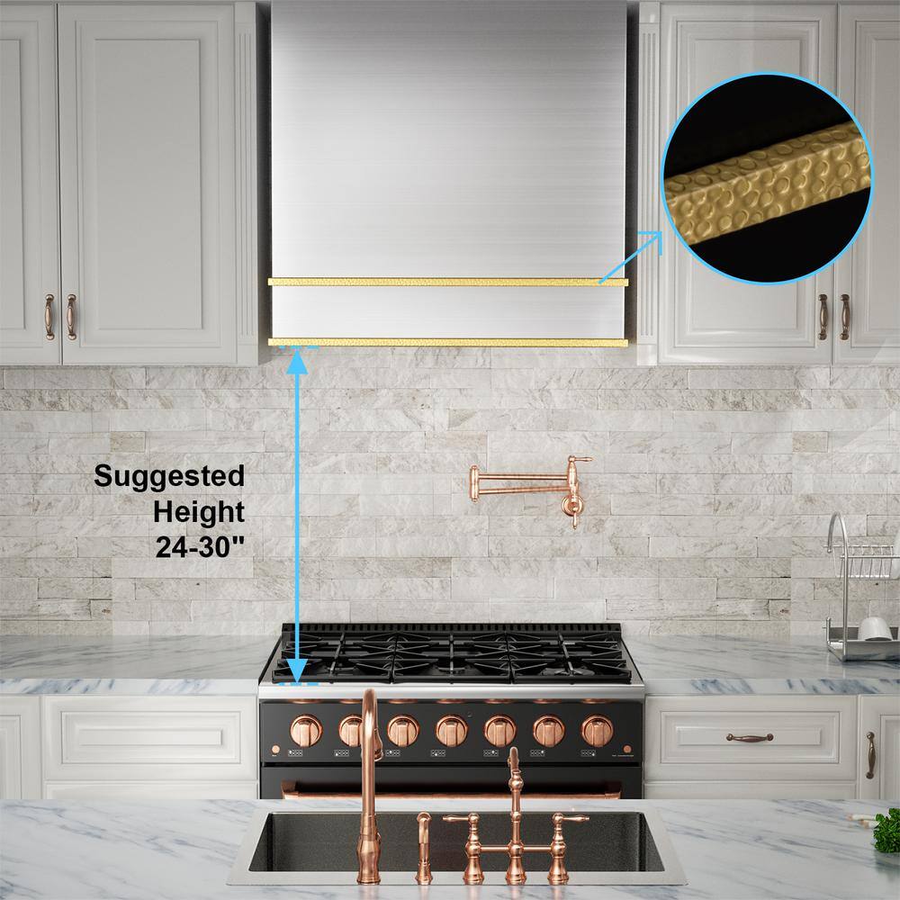 30" Brushed Stainless Steel and Gold Wall Mounted Range Hood
