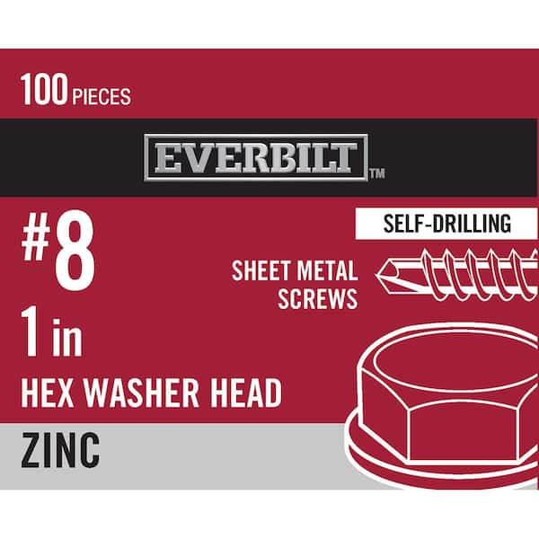 Everbilt #8 x 1 in. Hex Head Zinc Plated Sheet Metal Screw (100-Pack)