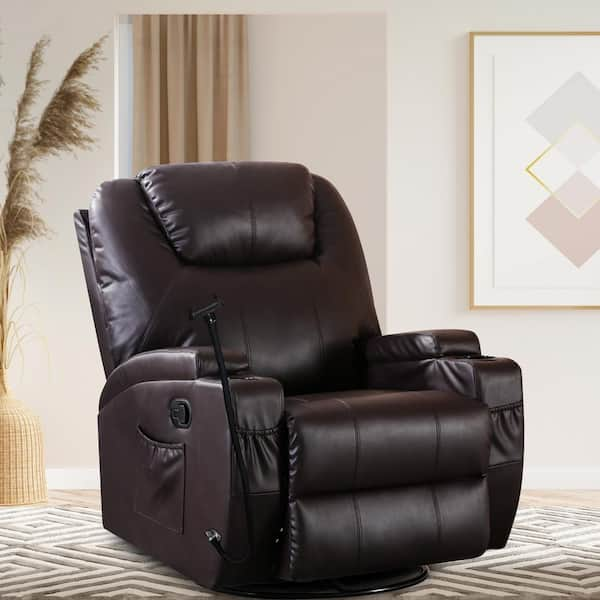 33.8 in. Superior Brown Rocking Swivel Manual Faux Leather Recliner for Living Room Upholstered recliner