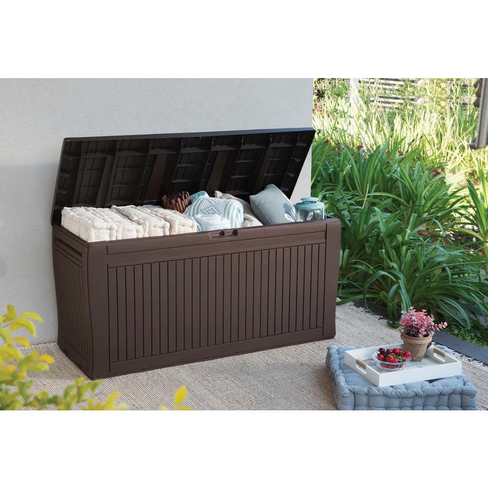 Espresso Brown Lockable Plastic Wicker Deck Box with Wheels