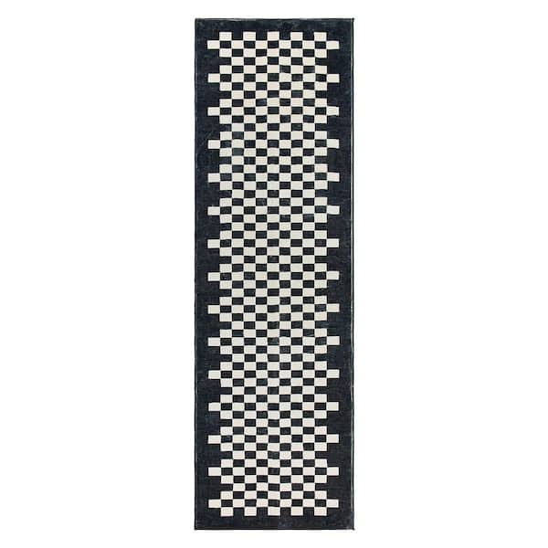 Contemporary Checkered Border Washable Non Slip Black 2 ft. x 10 ft. Runner Rug