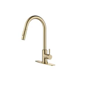 Single Handle Deck Mounted Gooseneck Pull Down Sprayer Kitchen Faucet with Touch Sensor in Brushed Gold
