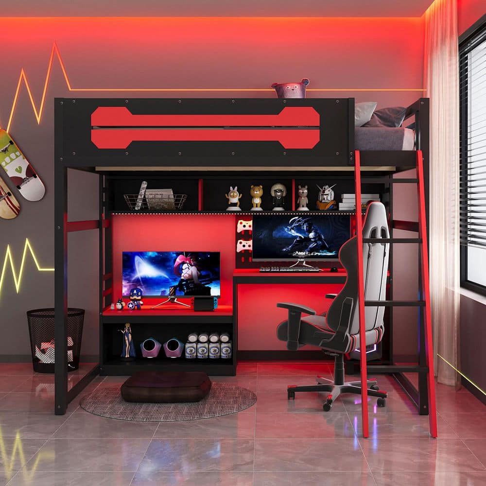 Black and Red Full Size Modern Wood Gaming Loft Bed with Ladder, LED Lights, Pegboard, Desk, USB Ports and Shelves