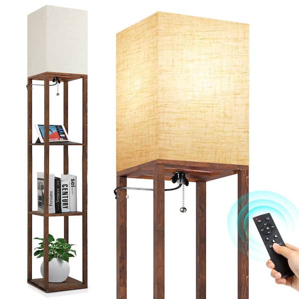 BICIK 63 in. Brown Dimmable Column Shelf Floor Lamp with Beige Shade and Remote Control