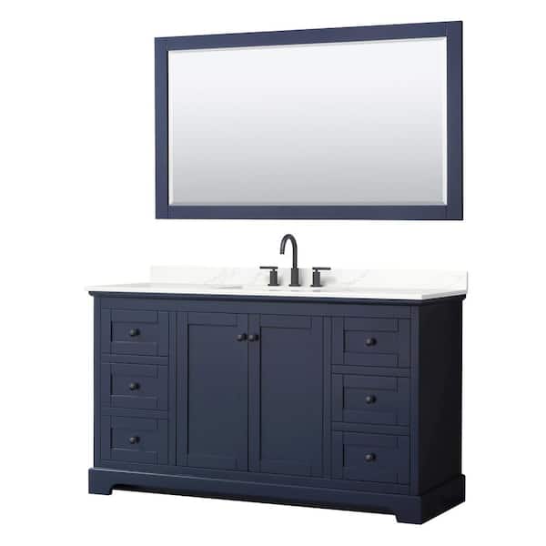 Wyndham Collection Avery 60 in. W x 22 in. D x 35 in. H Single Bath Vanity in Dark Blue with Giotto Quartz Top and 58 in. Mirror